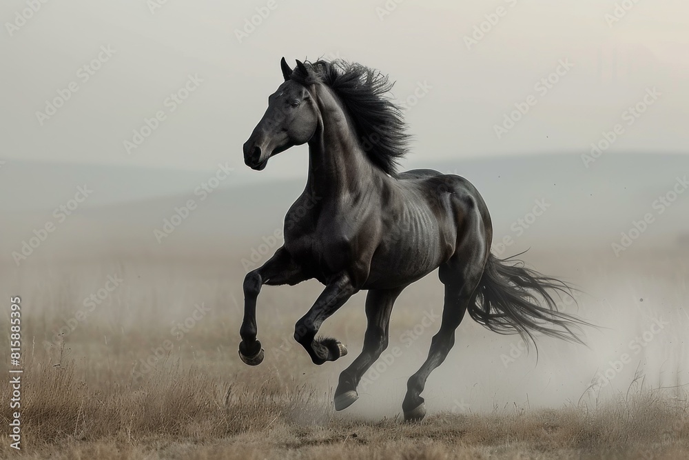 Graceful Black horse prancing. Handsome noble stallion with long mane galloping. Generate AI Graceful Black horse prancing. Handsome noble stallion with long mane galloping. Generate AI
