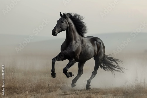 Graceful Black horse prancing. Handsome noble stallion with long mane galloping. Generate AI