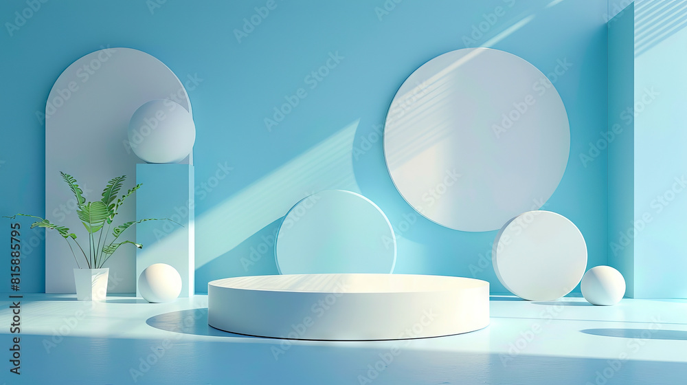A bathroom with white and blue walls and mirrors. A bathroom with white and blue walls and mirrors.
