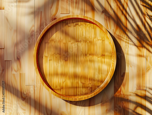 A wooden tray on a wood floor with a leaf.