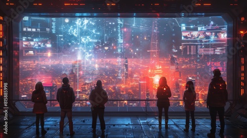 A Group Of Diverse Individuals Gathered Around A Large Glowing Holographic Display