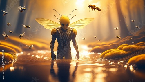 mutated human, tiny people, bee head people, yellow skin, golden honey rivers background, realistic, close up, 3d photo