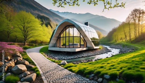 Beautiful cozy fantasy reinforced concrete cottage with a glass roof in a spring forest next to a paved path and a gurgling stream. Stone wall. Mountains in the distance. Magical tone and feel, hyper- photo