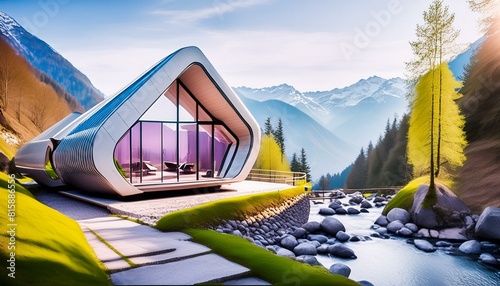Beautiful cozy fantasy reinforced concrete cottage with a glass roof in a spring forest next to a paved path and a gurgling stream. Stone wall. Mountains in the distance. Magical tone and feel, hyper- photo