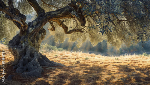 A high-resolution photograph featuring an ancient olive tree, its twisted branches and silver-green leaves casting dappled shadows on the sun-drenched ground, a living relic of history
