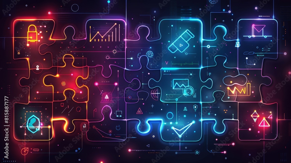 A Project Management Puzzle Pieces With Statistical Graphs And Performance Metrics Icons Made Bright Neon Colors A Project Management Puzzle Pieces With Statistical Graphs And Performance Metrics Icons Made Bright Neon Colors