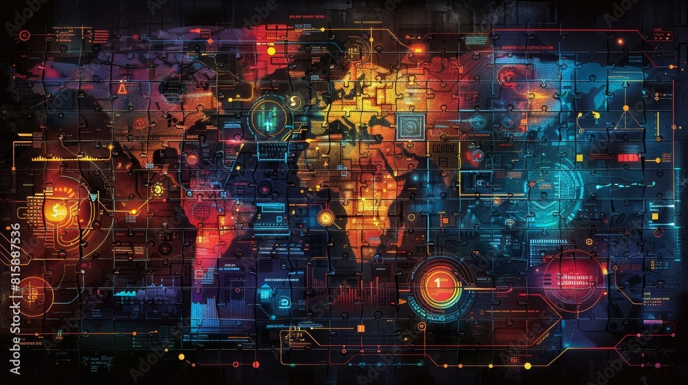 A Project Management Puzzle Pieces With Statistical Graphs And Performance Metrics Icons Made Bright Neon Colors A Project Management Puzzle Pieces With Statistical Graphs And Performance Metrics Icons Made Bright Neon Colors