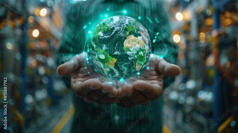 Businessman Holding Globe With Green Factory Icon On Virtual Screen For Eco Friendly Industry Production