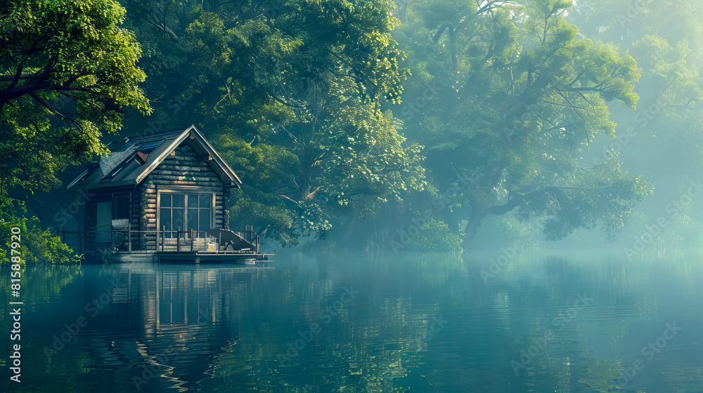 Fototapeta premium A small house sits on the edge of a lake.