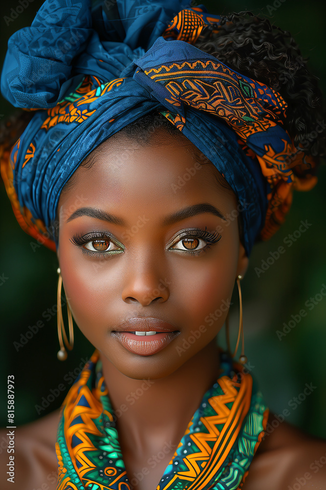 Fototapeta premium Portrait of young beautiful African woman wearing colorful ethnic turban.