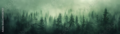 The image is a beautiful landscape of a pine forest