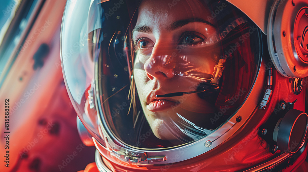 Female astronaut with red retro spacesuit, tense atmosphere and lighting
