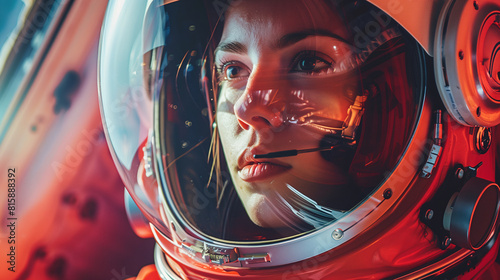 Female astronaut with red retro spacesuit, tense atmosphere and lighting photo