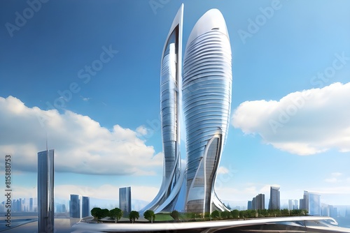  A sleek  futuristic skyscraper soaring into the clouds  its rooftop terrace a symbol of urban luxury
