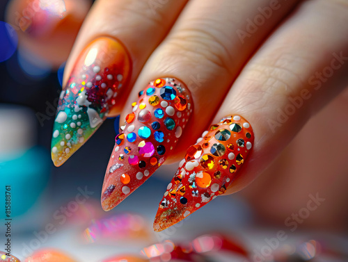 A woman s hand with glittery nails.