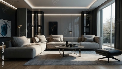 Modern living room interior design with beige sofa and wooden coffee table. Modern Bright Interiors