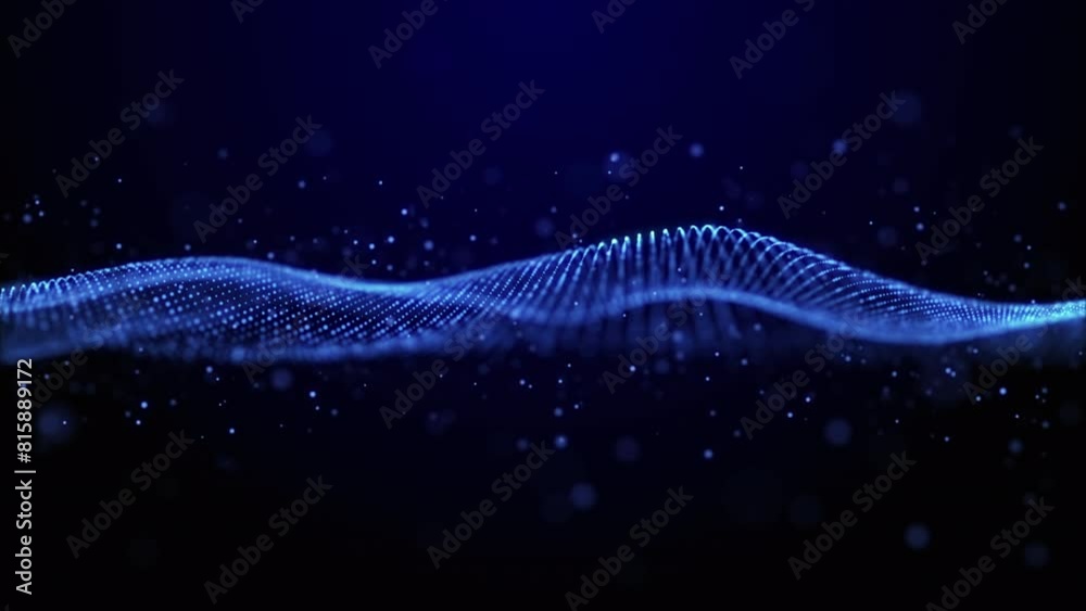 Abstract glowing high-tech wave flows in digital space. Particle and lights wave connecting lines and dots on blue background. Big data visualization, information flow, blockchain, and technology. 4k