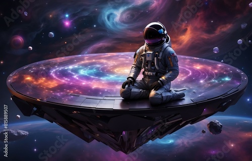 Astronaut in a spacesuit is sitting on a platform in space.