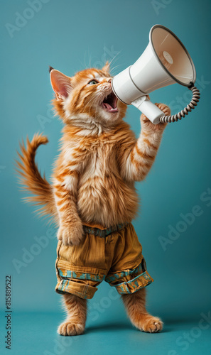 A cat holding a megaphone, advocating for its rights, with a determined expression and unwavering stance