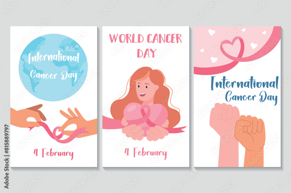 World cancer day set of posters in flat cartoon design. Illustration of three posters, each filled with elements of World Cancer Day, such as the pink ribbon and people's unity. Vector illustration.