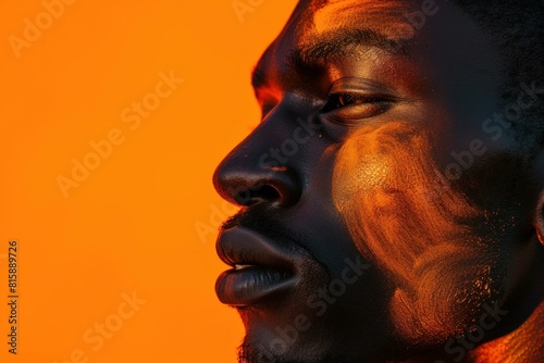 Close-up of an african man's side profile against a vivid orange background © anatolir