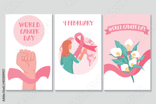 World cancer day set of posters in flat cartoon design. Three posters filled with elements of World Cancer Day and filled with the meaning of fighting and not giving up. Vector illustration.