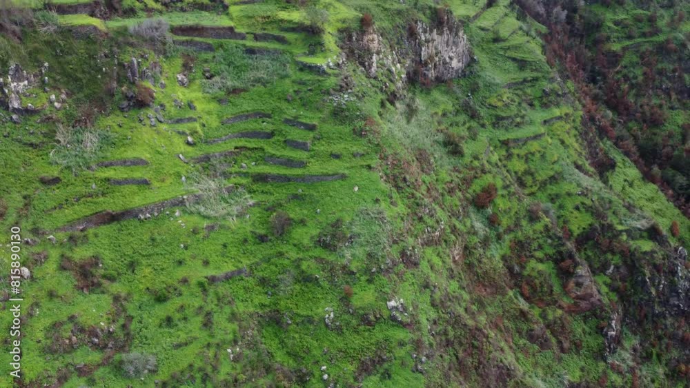 Vue aérienne drone professionnel d’une culture en terrasse de montagne en bord de mer et village à Madère, Portugal Vue aérienne drone professionnel d’une culture en terrasse de montagne en bord de mer et village à Madère, Portugal