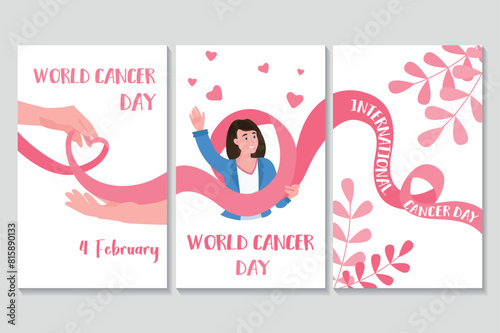 World cancer day set of posters in flat cartoon design. The three posters are united by a pink ribbon, symbolizing the World Cancer Day. Vector illustration.