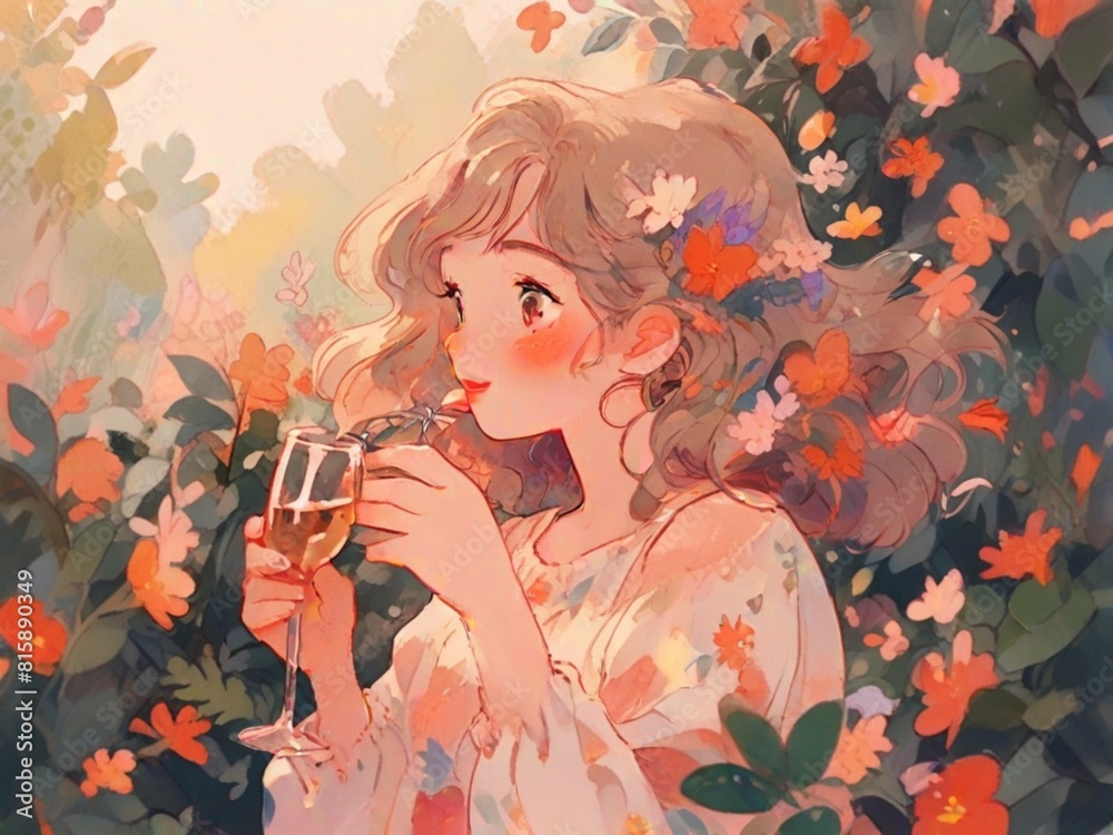 A whimsical illustration of a playful girl, surrounded by fluttering flower petals and sipping on a glass of wine, her cute and animated expression capturing the joy of a carefree summer day.
