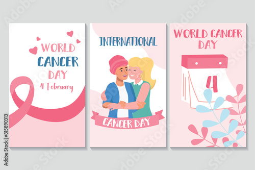 World cancer day set of posters in flat cartoon design. The illustration shows three posters with thematic captions and shows human support and unity in the fight against cancer. Vector illustration.