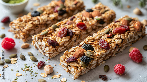 Granola Bars: homemade granola bars with oats, nuts, seeds and dried fruits for a healthy and energizing snack.