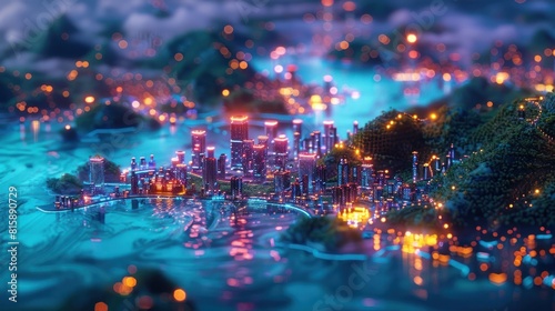 Mesmerizing Nighttime Archipelago of Futuristic High Tech Cityscapes with Vibrant Bokeh Lights and Natural Island Elements © Sittichok