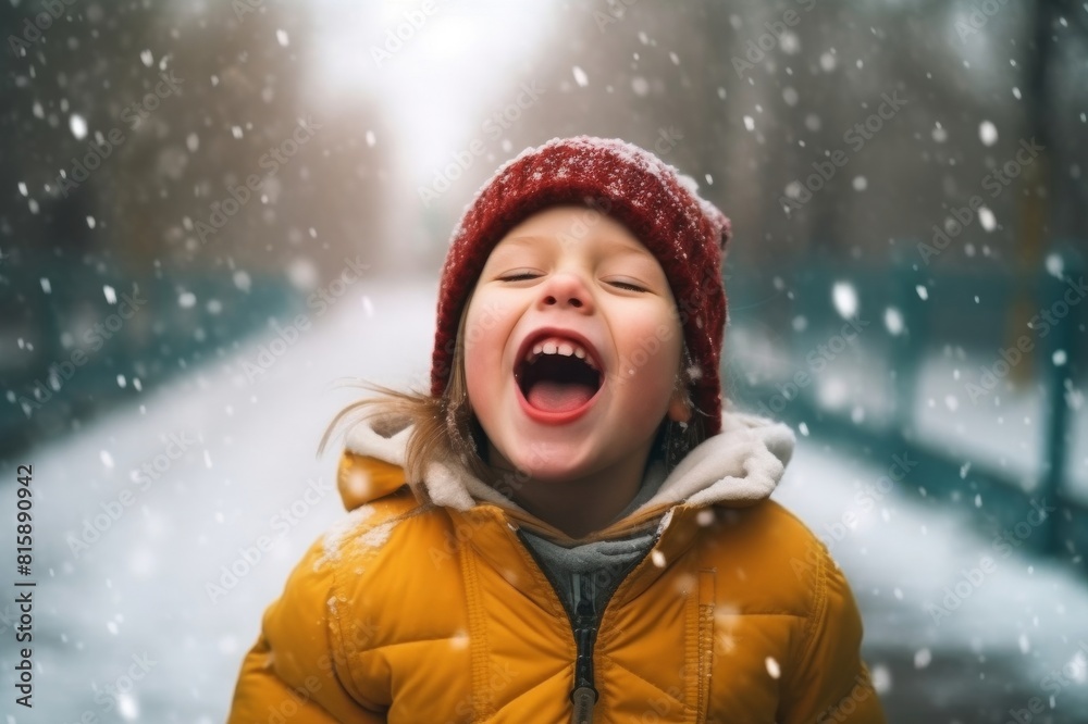 happy child enjoys first snow. child in hat and jacket is squinted and catches snowflakes with his tongue. close up and copy space happy child enjoys first snow. child in hat and jacket is squinted and catches snowflakes with his tongue. close up and copy space