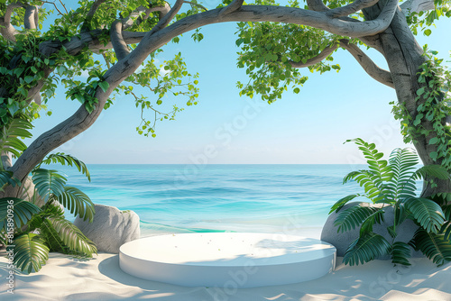 A white podium in round-shaped displayed on the sand with a big tree branch and some green tropical leaves. Blue sky background  3d render 