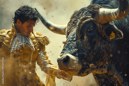 Matador in elegant costume courageously confronts a charging bull embodying the thrill and tradition of Pamplonas festival photo