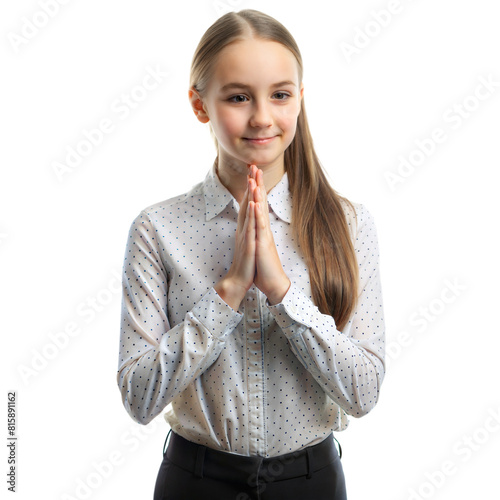 Young girl with polite gesture in smart casual attire