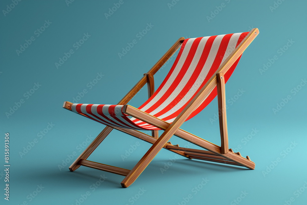 Deck striped chair on a blue background, pattern, summer concept, 3d render