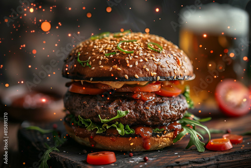Succulent grilled burger surrounded by colorful fireworks with a chilled beer beside it set against a backdrop of the American flag, 3d render