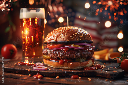 Succulent grilled burger surrounded by colorful fireworks with a chilled beer beside it set against a backdrop of the American flag  3d render