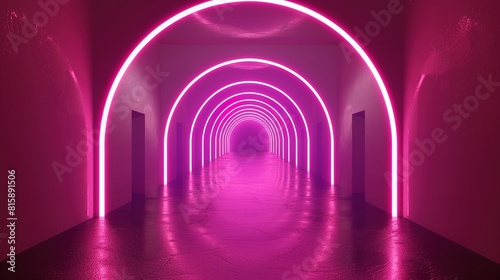 Futuristic tunnel with neon lighting  bright pink lights and reflective surfaces creating a mystical atmosphere