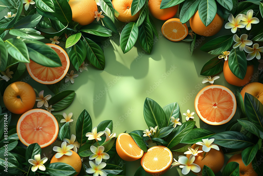 Summer tropical background with a space for a text, various fruits, green leaves and flowers arranged, top view, copy space, 3d render Summer tropical background with a space for a text, various fruits, green leaves and flowers arranged, top view, copy space, 3d render
