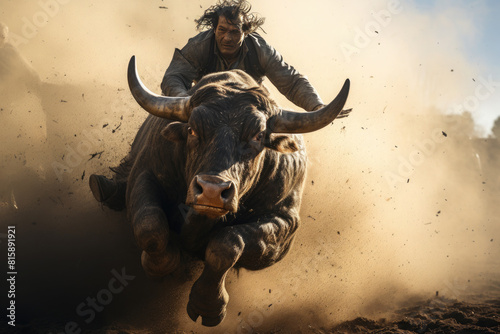 Rodeo bull. Traditional extreme sport of North America. A cowboy tries to stay on the back of a bull. Mexico  USA