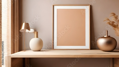 Japanese style wooden cabinet poster mockup, blank vertical clear frame for wall art mockup on table, soft beige color wall theme of the room, interior design background