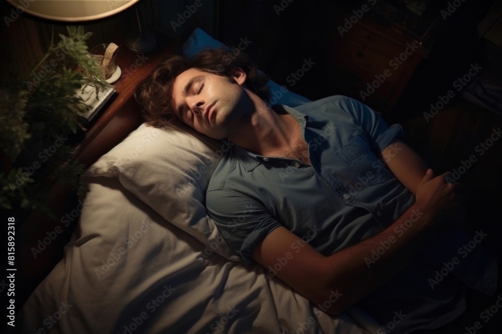 high angle shot of a handsome young man sleeping in his bed at home