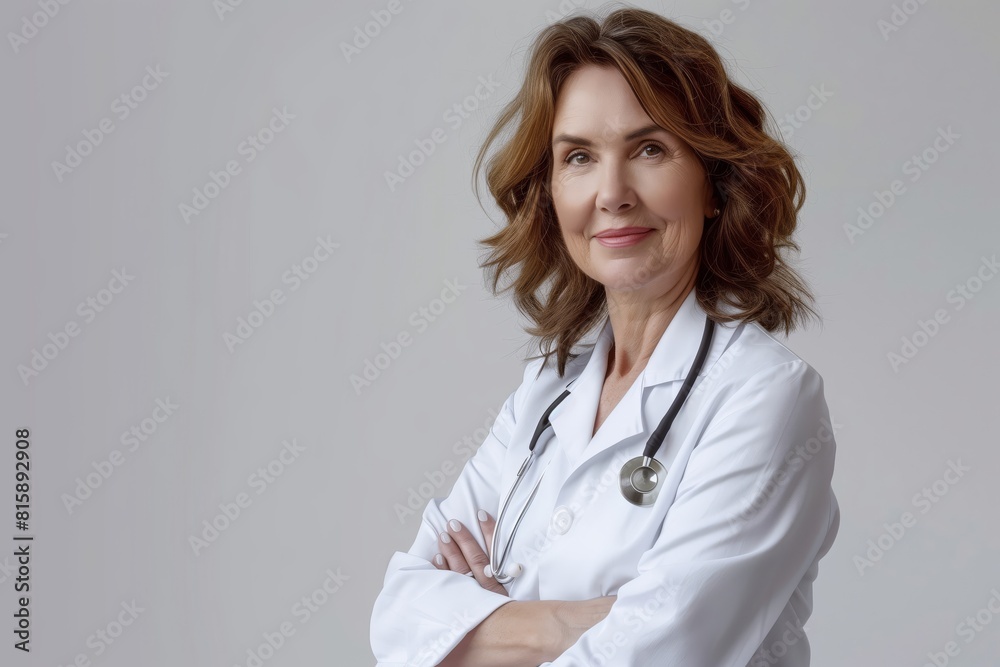 Illustration of a portrait of a happy confident middle-aged female doctor with her arms crossed Illustration of a portrait of a happy confident middle-aged female doctor with her arms crossed