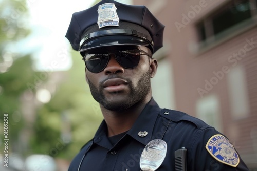 Authoritative Black female police officer. Police woman in working patrol uniform. Generate ai