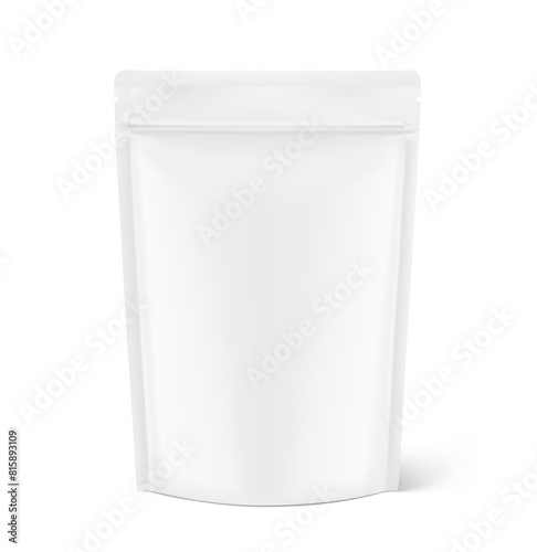 Realistic stand up pouch bag mockup with transparent shadow. Front view. Vector illustration isolated on white background. Ready for your design. EPS10.