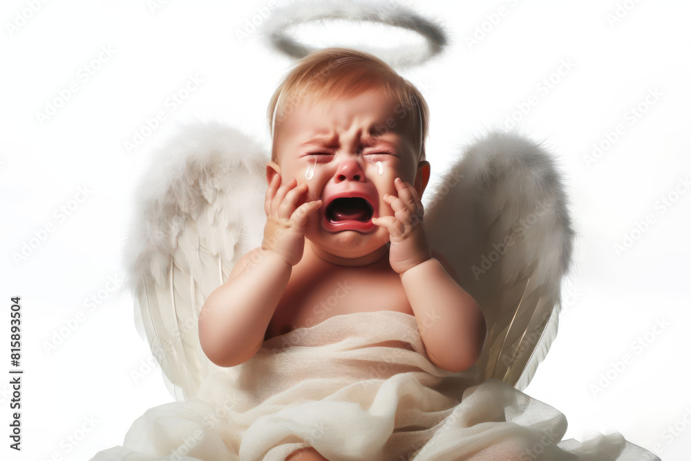 crying baby with angel wings isolated on a white background crying baby with angel wings isolated on a white background
