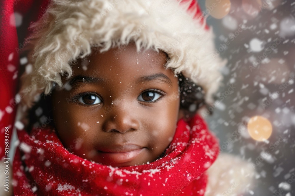 Portrait of a cheerful child wearing a warm hat and scarf during a gentle snowfall Portrait of a cheerful child wearing a warm hat and scarf during a gentle snowfall