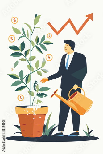Confident Investor Waters Potted Plant with Earnings Arrows Using Watering Can to Grow Startup Revenue